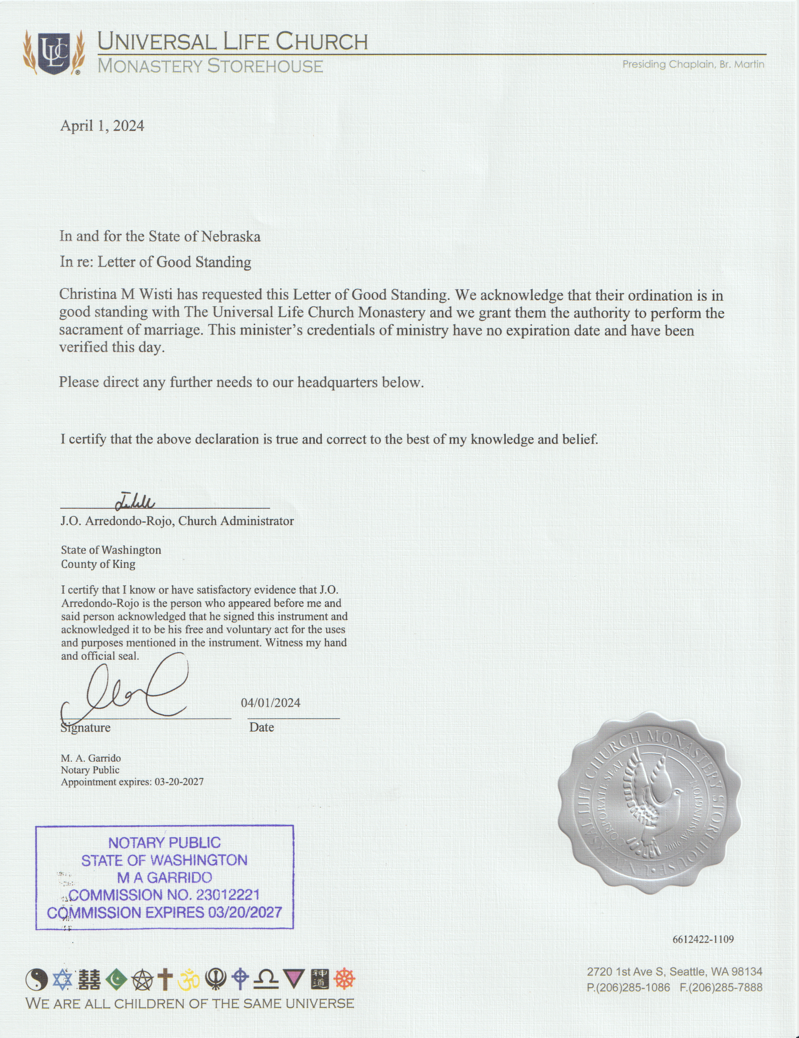Tina's Letter of Good Standing